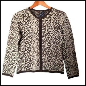 Mantovani Cashmere Sweater 100% Italian Cashmere Zip Cardigan Animal Print Brown